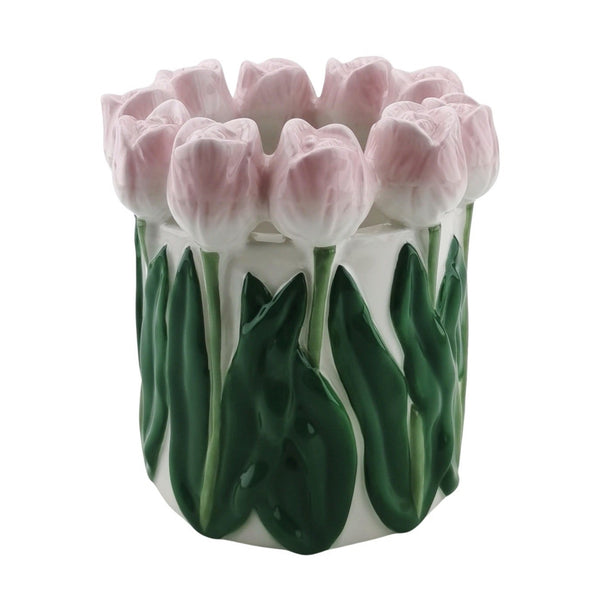 Vaas Tulpen Aardewerk Licht Roze/Groen 15x15x14cm