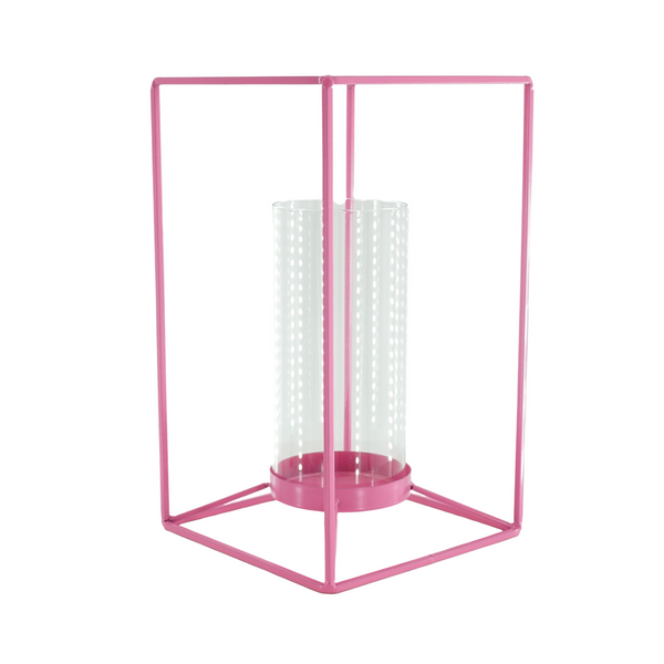 Windlicht Metaal Glas Fluor Roze 14,5x14,5x25cm