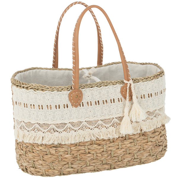 Strandtas Kant Kwast Jute naturel wit L 52x25x30cm