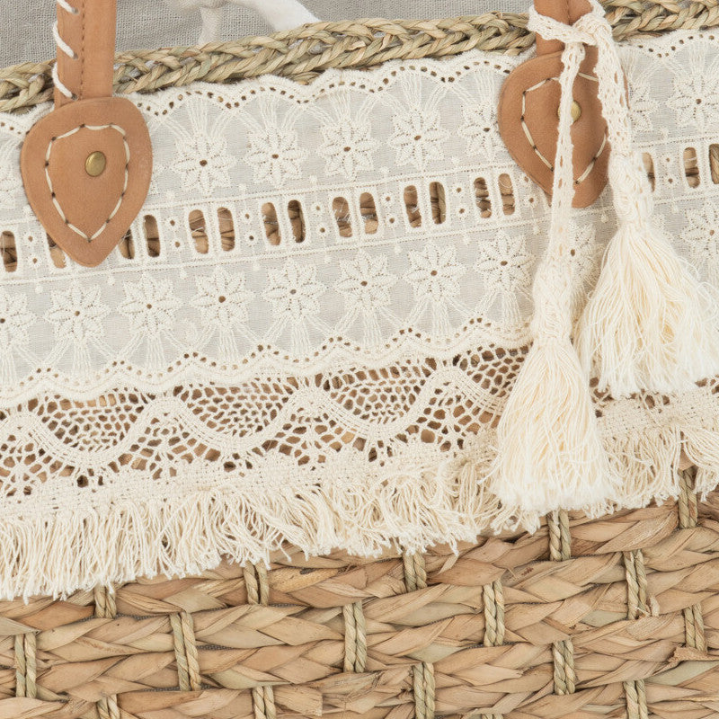 Strandtas Kant Kwast Jute naturel wit L 52x25x30cm