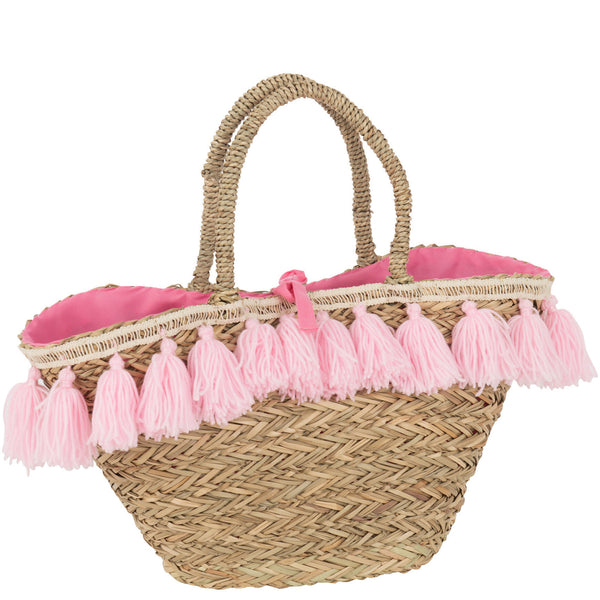 Strandtas Kwasten Jute naturel roze 59x16x30cm