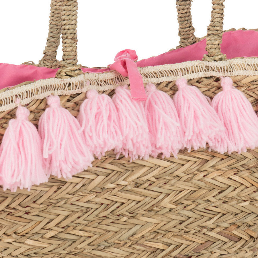 Strandtas Kwasten Jute naturel roze 59x16x30cm