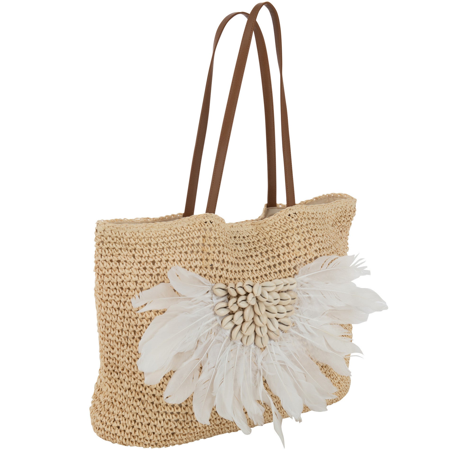 Strandtas Schelpen-Veren naturel-wit 50x14x42cm