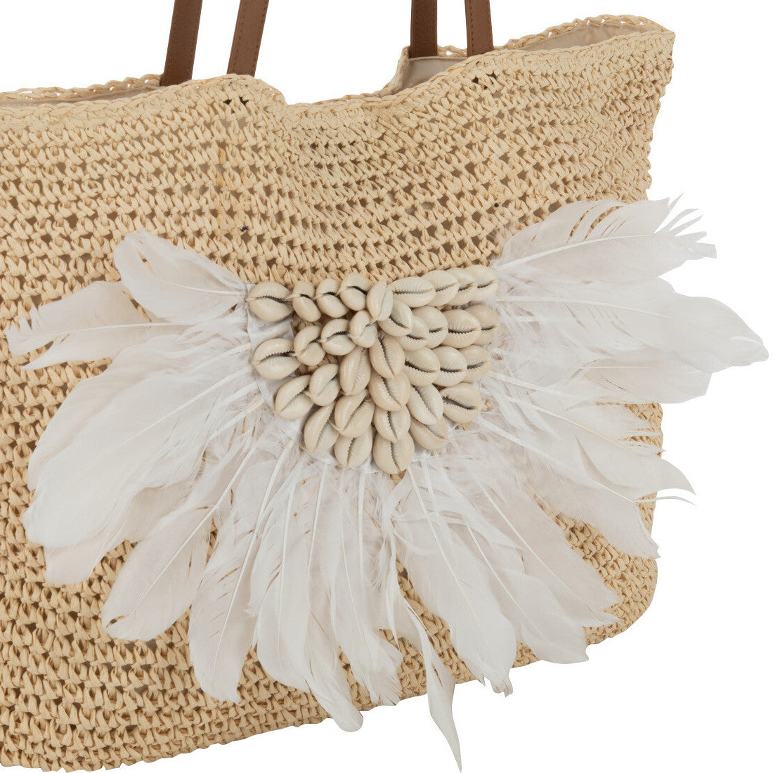 Strandtas Schelpen-Veren naturel-wit 50x14x42cm