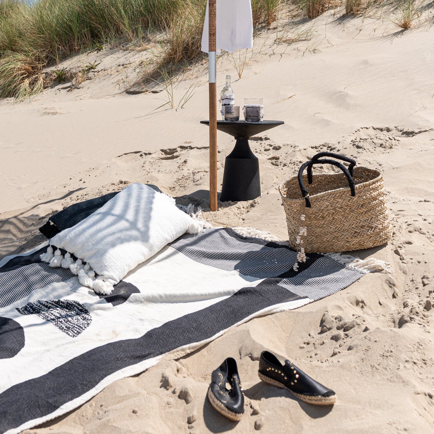Strandtas Schelpen Jute naturel zwart L 41x22x26cm
