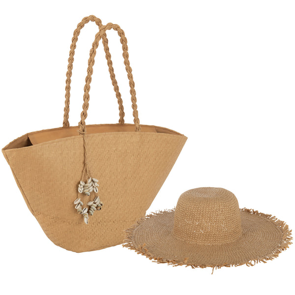 Strandtas Schelpen met Hoed lichtbruin 60x18x31cm