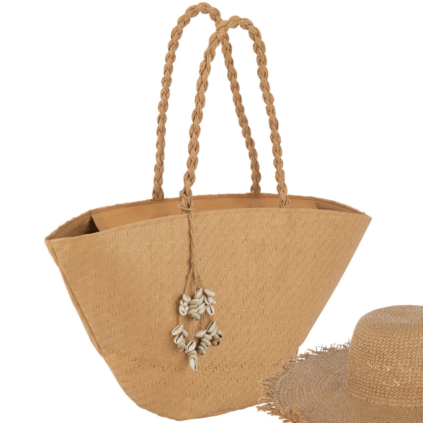 Strandtas Schelpen met Hoed lichtbruin 60x18x31cm