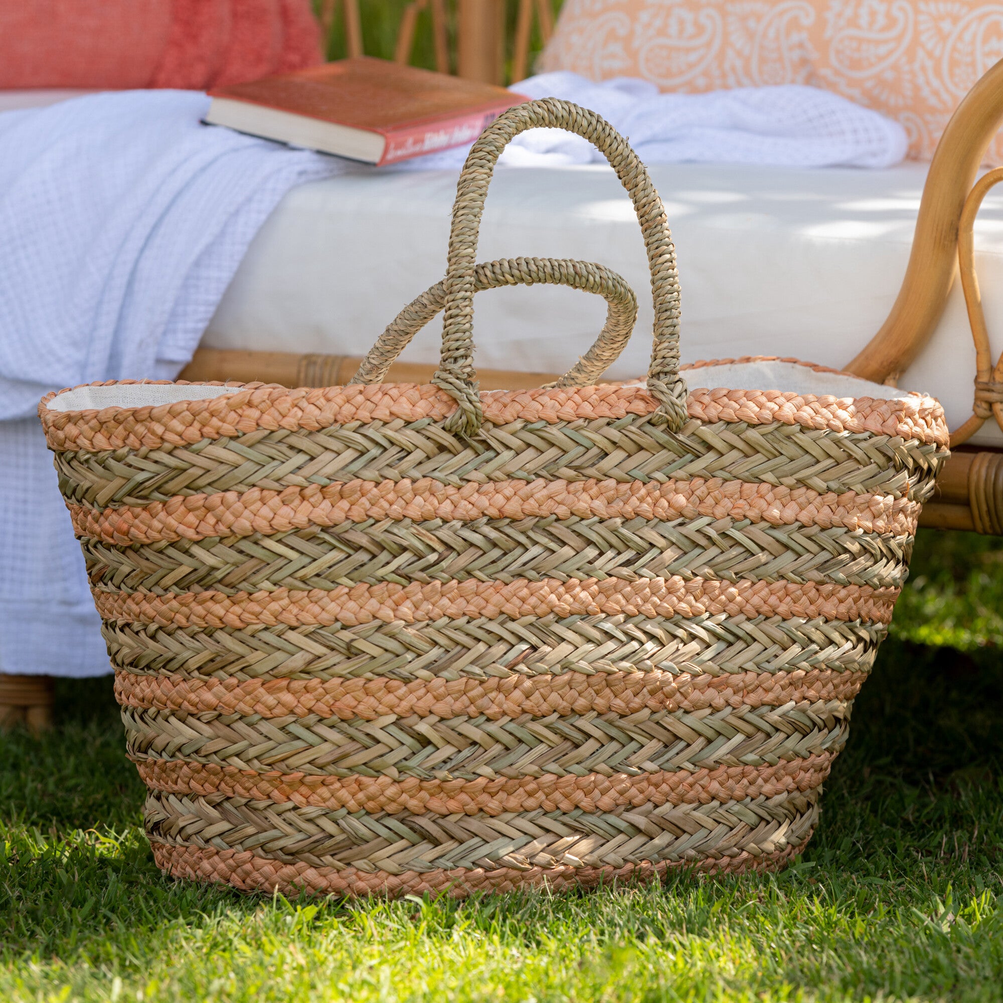 Strandtas Strepen Jute naturel lichtoranje 65x22x30cm