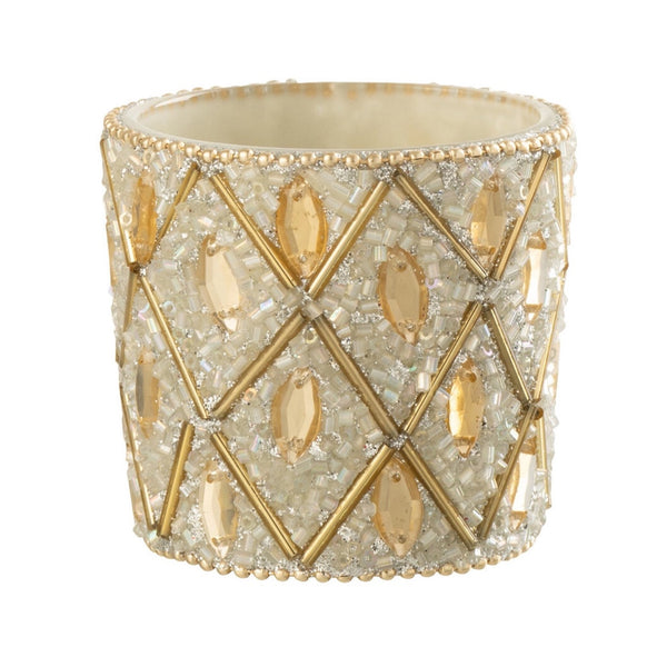 Waxinelichthouder Glas Kralen wit goud 6x6x6cm