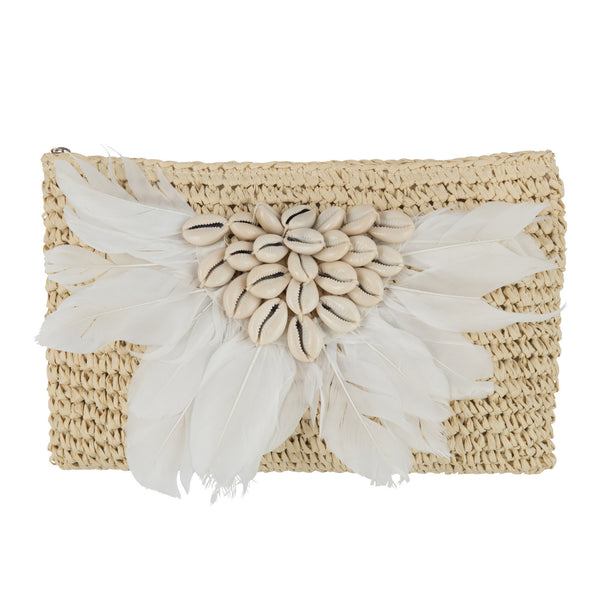 Clutch Schelpen Veren naturel wit 30x20cm