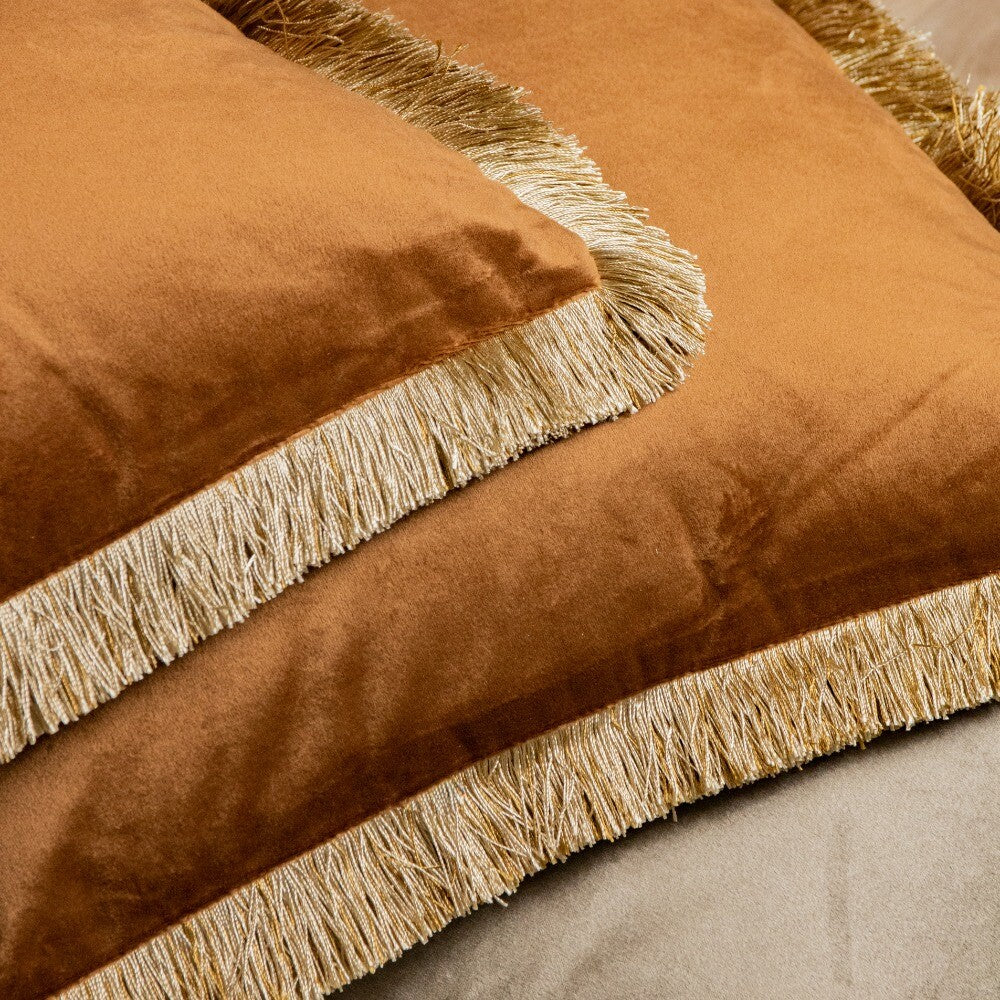 Kussen Fluweel franjes cognac 45x45cm