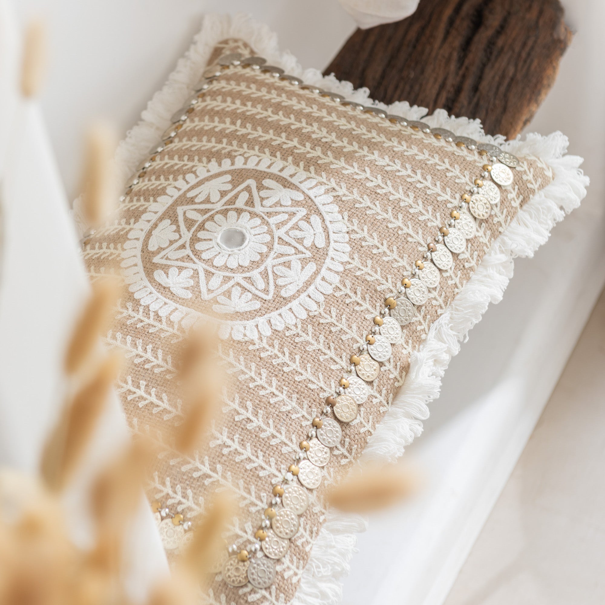 Kussen Patroon met Muntjes Jute beige 50x30cm
