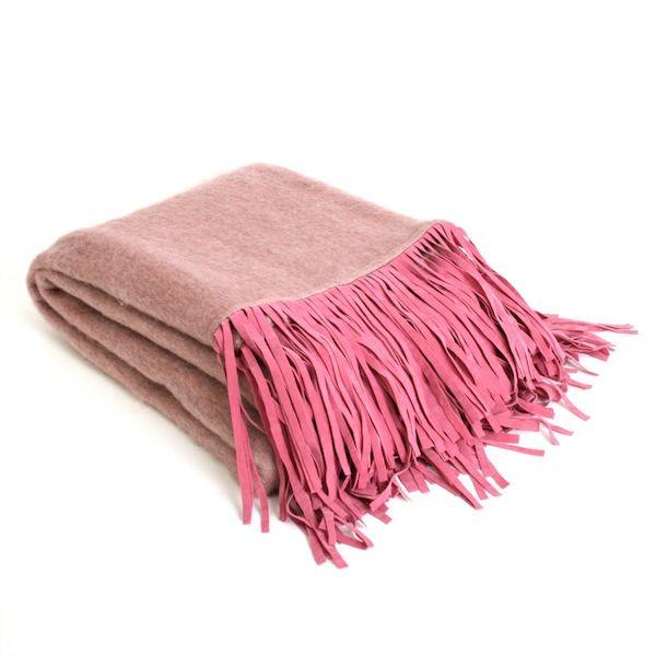 Plaid Suedine wol franje rose 170x130cm