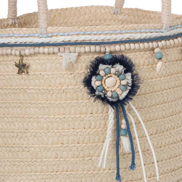 Strandtas Parels blauw-ecru 44x15x45cm detail